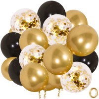 Zesliwy Black Gold Confetti Latex Balloons, 50 Pack 12 inch Gold Metallic Party Balloons with 33 Feet Gold Ribbon for Kids Party Graduation Birthday Party Decorations.