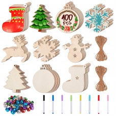 Christmas Wooden Ornament Unfinished Crafts, 60 Pack Blank Wood Slices Cutouts Kit for Kids and Adults DIY Christmas Tree Hanging Decorations.