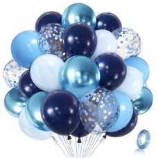 Blue Confettic Balloons Set,50 Pcs 12 Inch Navy Light Metallic Blue Balloon Kit Pastel Pale Blue Latex Balloon with Ribbon for Birthday Wedding Baby Shower Graduation Anniversary Party Decorations 