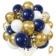 Navy Blue Gold Confetti Balloons Set,50pcs 12inch Royal Dark Blue Metallic Gold White Latex Balloons with Ribbon for Boys Birthday Wedding Graduation Baby Shower Bridal Shower Party Decorations