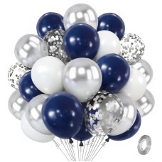 Navy Blue Silver Balloons Kit,50pcs 12inch Royal Dark Blue Metallic Silver White Balloon with Conffetti Latex Balloon for Wedding Graduation Birthday Baby Shower Anniversary Party Decorations