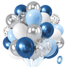 Blue White Silver Balloons Set,50 Pcs 12 Inch Light Baby Metallic Blue Sliver Balloon Navy Dark Royal Blue with Confettic Balloons for Birthday Baby Shower Wedding Party Decoration