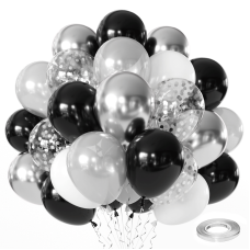 Black Silver Balloons Set,50pcs 12inch Metallic Silver Black White Pearl Silver Balloon with Confetti Latex Balloons for Birthday Wedding Graduation Anniversary Party Decorations