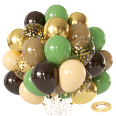 Sage Green Brown Balloons Set,50pcs 12inch Retro Green Dark Brown Nude Conffee Balloon and Tan Metallic Gold with Confetti Balloons for Jungle Safari Hunting Woodland Forest Birthday Party Decorations