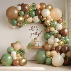 Sage Green Brown Balloons Arch Kit, Dark Brown Tan Nude Sand White Balloons and Olive Green Beige Chrome Gold whih Confetti Balloon Garland for Jungle Safari Woodland Birthday Wedding Party Decoration