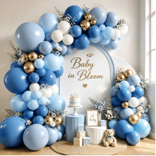 Dusty Blue White Gold Balloons Arch Kit, Latex, Party Decoration Denim/Light/Pastel Blue Chrome Gold White Balloon Garland, for Gender Reveal Birthday Bridal Shower Wedding Party Decor