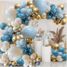 Dusty Blue Balloons Garland Kit,140pcs Fog Blue Royal Blue Pastel Blue Sand White Metallic Gold latex Balloons for Boy Baby Shower Bridal Shower Wedding Anniversary Birthday Party Decorations Supplies