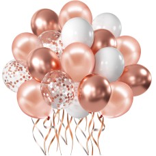 Zesliwy Rose Gold Confetti Balloons, 50 Pack 12 inch White and Rose Gold Latex Balloons with 33 Feet Rose Gold Ribbon for Birthday Party Wedding Graduation Bridal Shower