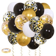 Zesliwy Black Gold Confetti Balloons 50 pack - 12 Inch Gold White and Black Confetti Balloons with Ribbons for Graduation Birthday Wedding Party Decorations…