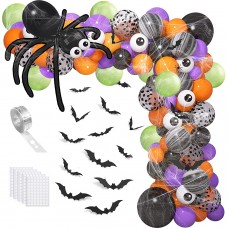 Halloween Balloons Garland Kit, 123pcs Black Purple Orange Green Dot Balloons with 3D Bat Stikcer Spider Web for Halloween Theme Party Supplies Decorations